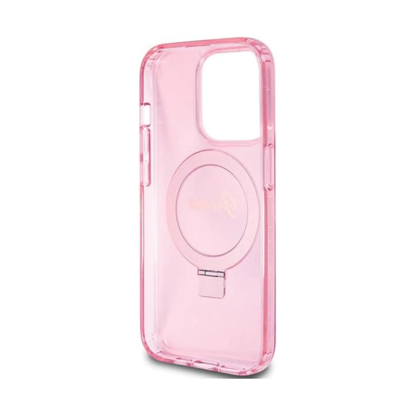 Guess Hülle Ring Stand Script Glitter MagSafe Rosa - iPhone 15 Pro