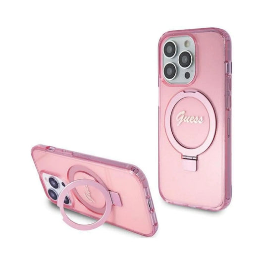 Guess Hülle Ring Stand Script Glitter MagSafe Rosa - iPhone 15 Pro Max