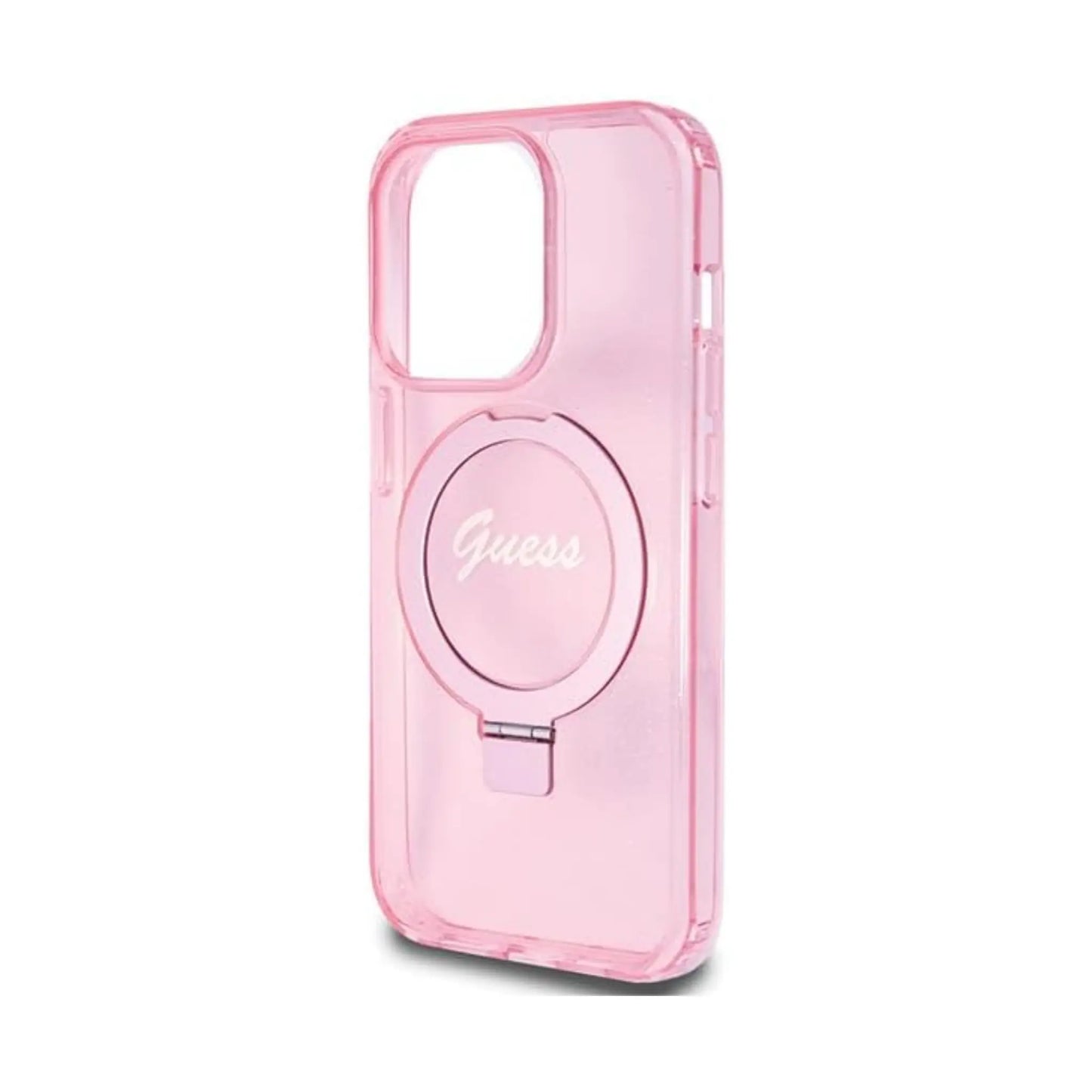 Guess Hülle Ring Stand Script Glitter MagSafe Rosa - iPhone 15 Pro Max