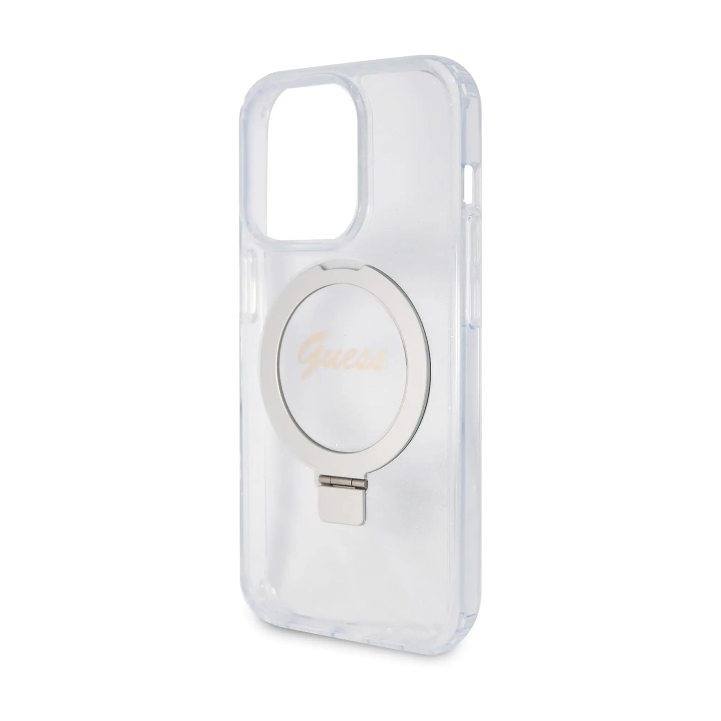 Guess Hülle Ring Stand Script Glitter MagSafe Transparent - iPhone 15 Pro