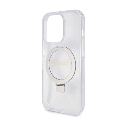 Guess Hülle Ring Stand Script Glitter MagSafe Transparent - iPhone 15 Pro
