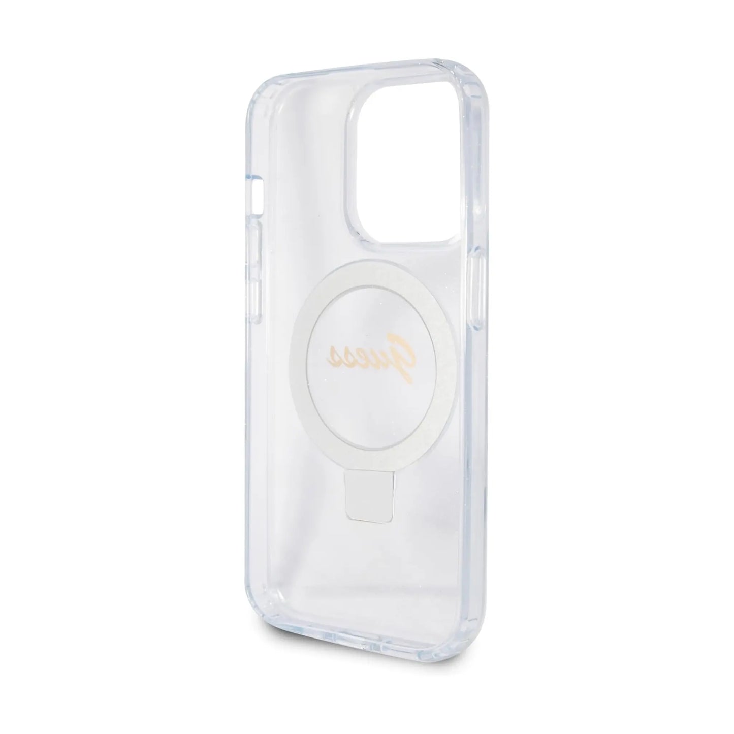 Guess Hülle Ring Stand Script Glitter MagSafe Transparent - iPhone 15 Pro