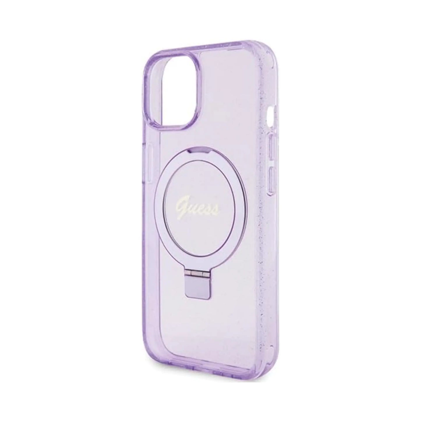 Guess Hülle Ring Stand Script Glitter MagSafe Lila - iPhone 15 Plus
