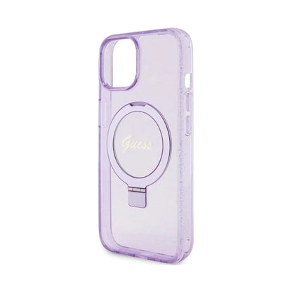Guess Hülle Ring Stand Script Glitter MagSafe Lila - iPhone 15 Plus