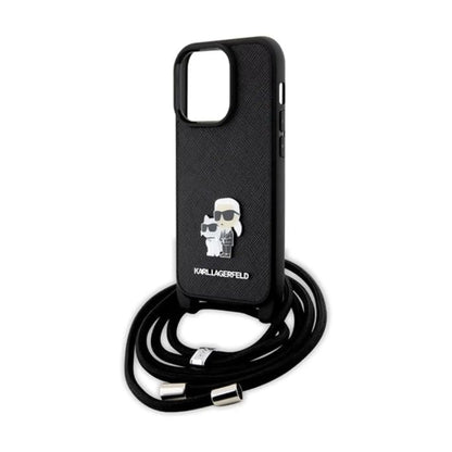 Karl Lagerfeld Crossbody Saffiano Metal Pin Karl & Choupette Hardcase KLHCP14LSAKCPSK, Schwarz - iPhone 14 Pro