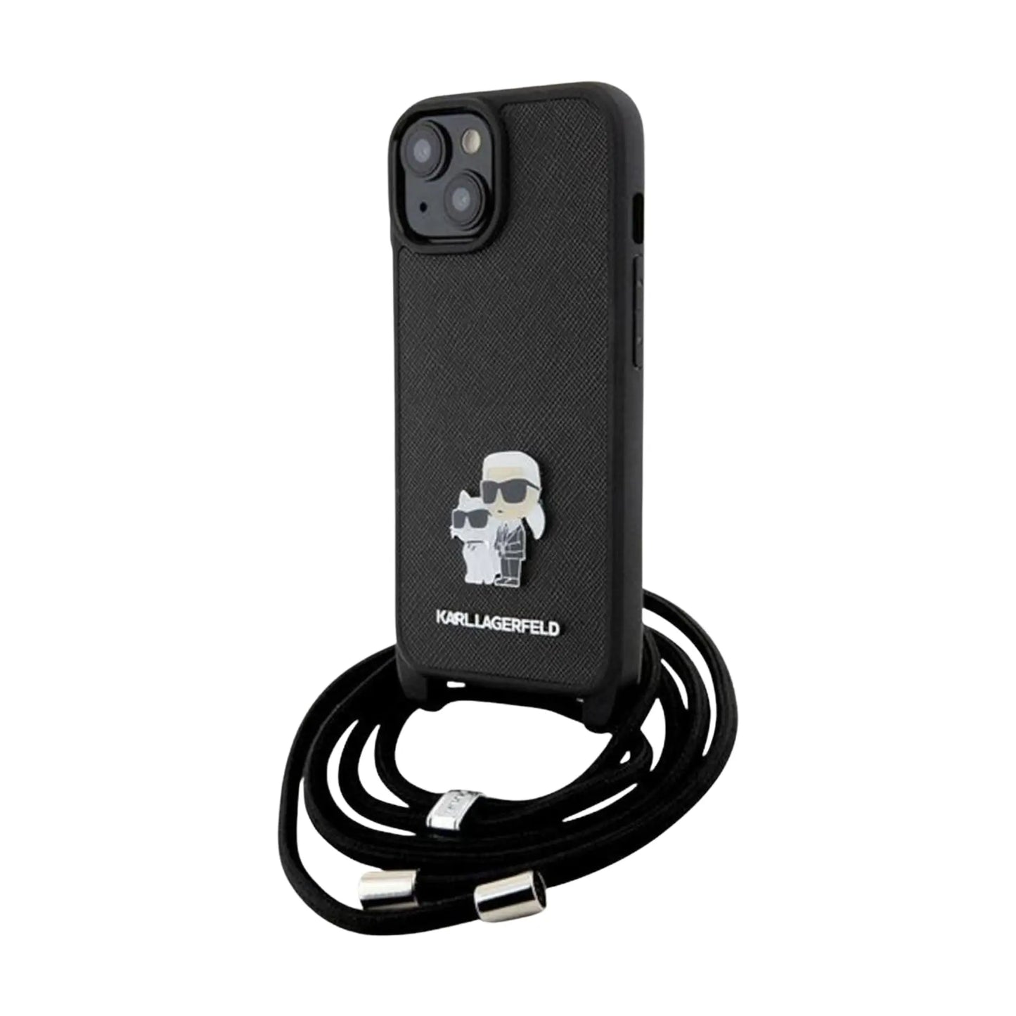 Karl Lagerfeld Hülle Crossbody Saffiano Metall Pin Karl & Choupette Schwarz – iPhone 15