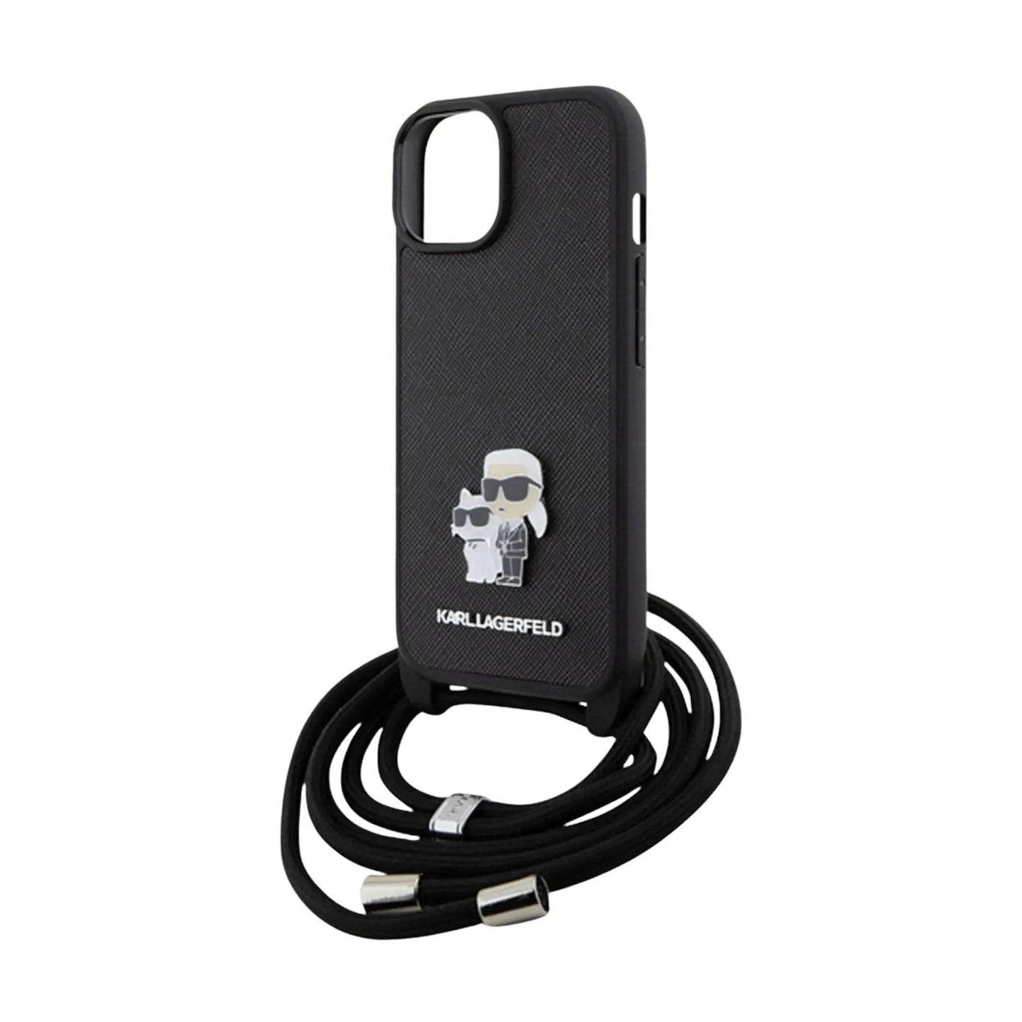 Karl Lagerfeld Hülle Crossbody Saffiano Metall Pin Karl & Choupette Schwarz – iPhone 15