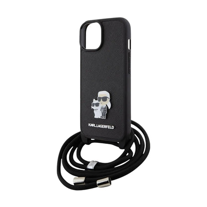 Karl Lagerfeld Hülle Crossbody Saffiano Metall Pin Karl & Choupette Schwarz – iPhone 15