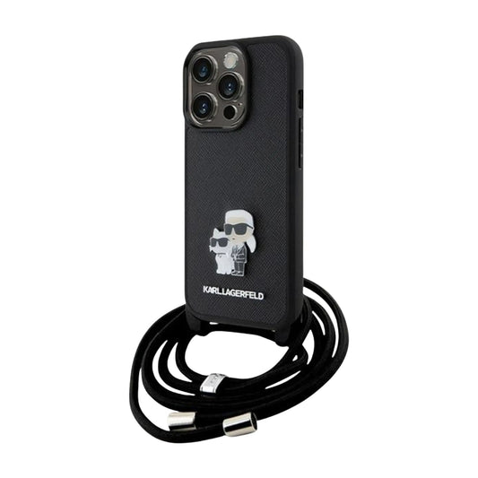 Karl Lagerfeld Crossbody Saffiano Metal Pin Karl & Choupette Case, Schwarz - iPhone 15 Pro Max