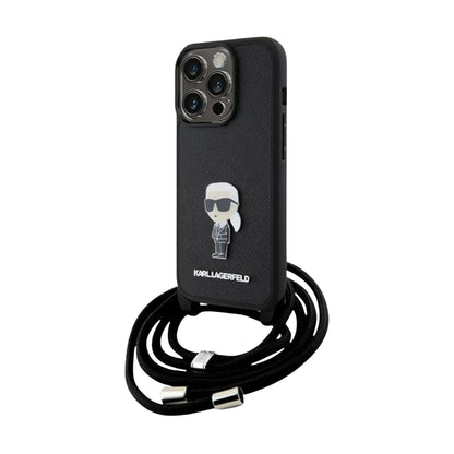 Karl Lagerfeld TPU Saffiano Ikonik Metal Pin Crossbody Case, Schwarz - iPhone 15 Pro