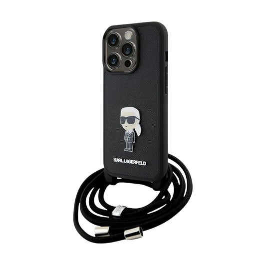 Karl Lagerfeld TPU Saffiano Ikonik Metal Pin Crossbody Case, Schwarz - iPhone 15 Pro