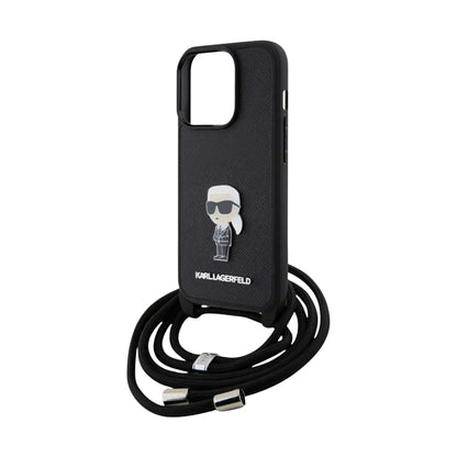 Karl Lagerfeld TPU Saffiano Ikonik Metal Pin Crossbody Case, Schwarz - iPhone 15 Pro