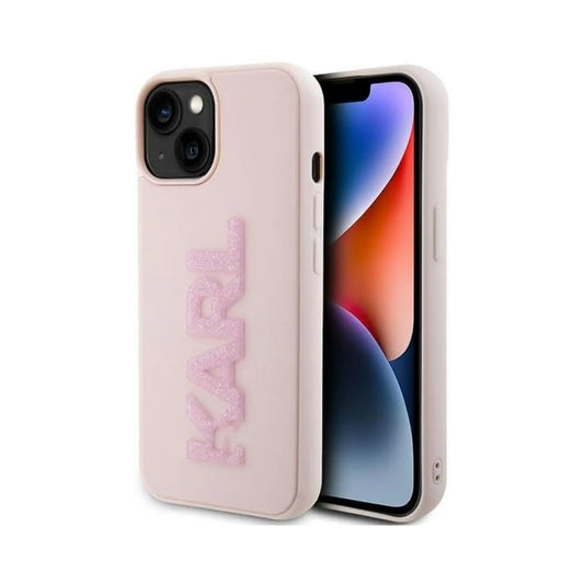 Karl Lagerfeld 3D Gummi Glitzer Logo Case, Pink - iPhone 15 Plus