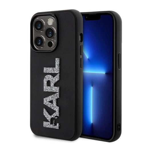 Karl Lagerfeld 3D Rubber Glitter Logo Case, Schwarz - iPhone 15 Pro