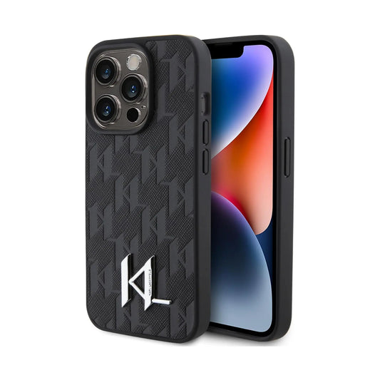 Karl Lagerfeld Leder Monogram Hot Stamp Metal Case, Schwarz - iPhone 15 Pro