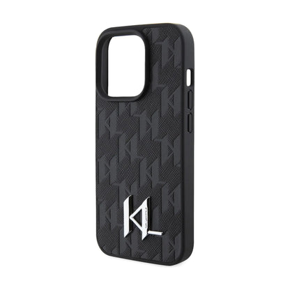 Karl Lagerfeld Leder Monogram Hot Stamp Metal Case, Schwarz - iPhone 15 Pro