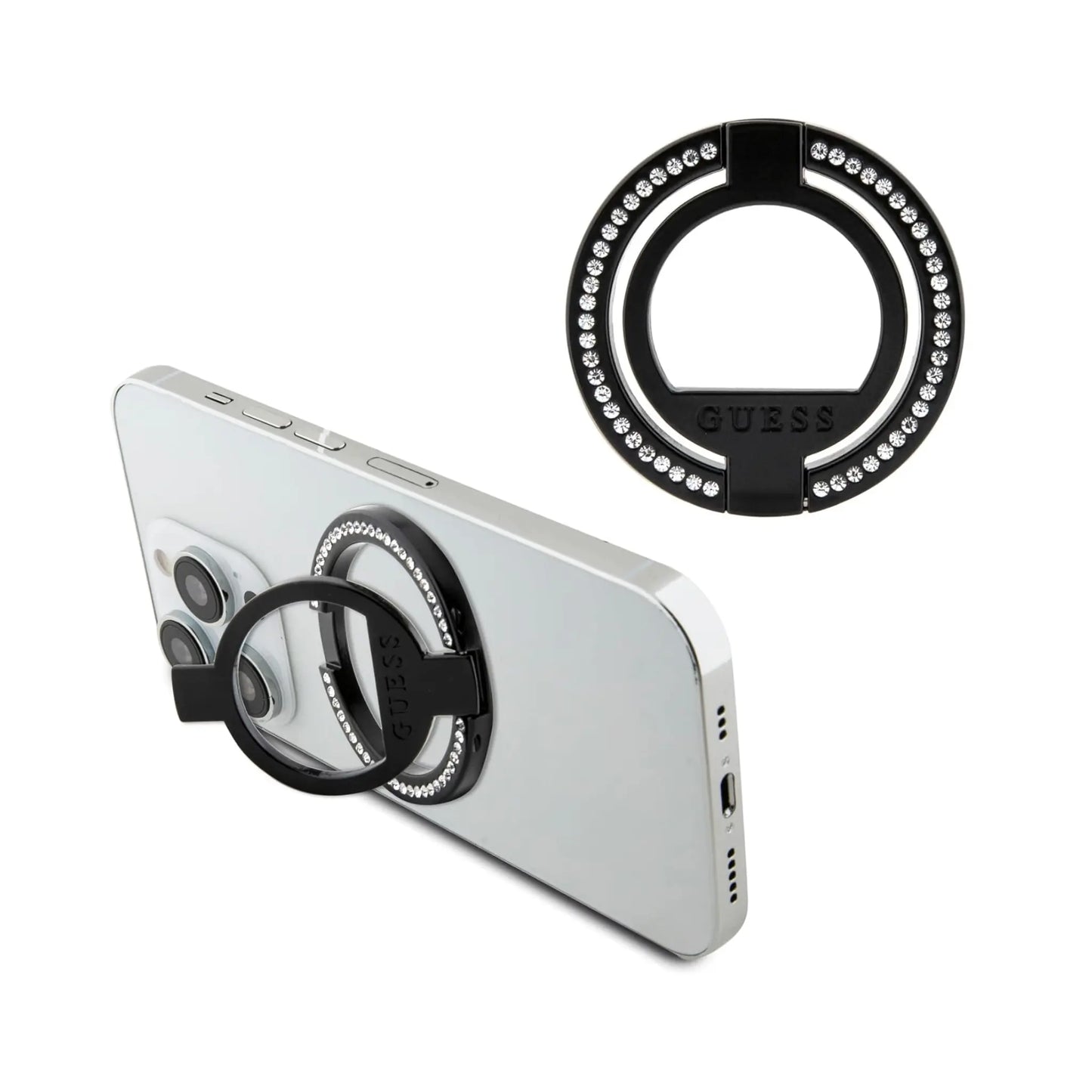 Guess GUMRSALDGK Hülle Ringständer Strass Schwarz Für Magsafe