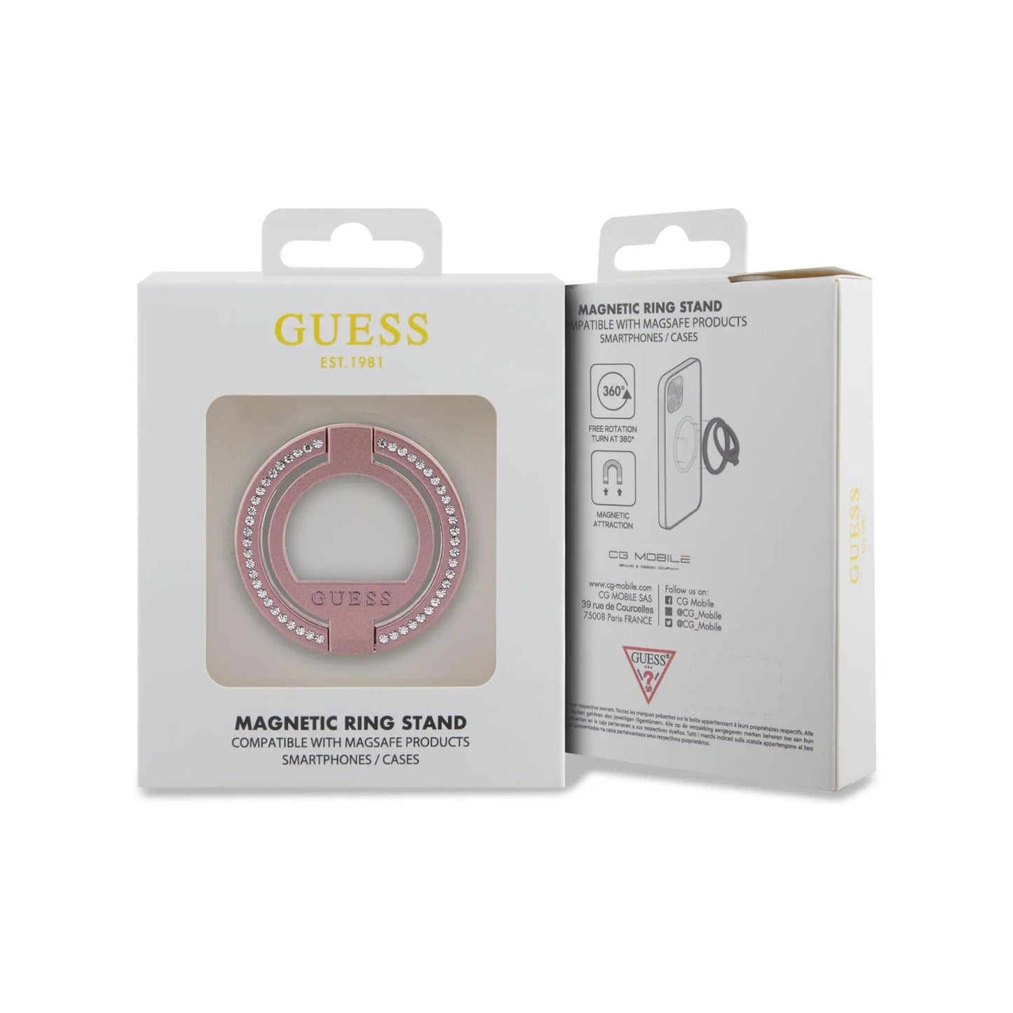 Guess iPhone Hülle GUHCP15RINGSALDGP, Rosa – Ringständer mit Strass