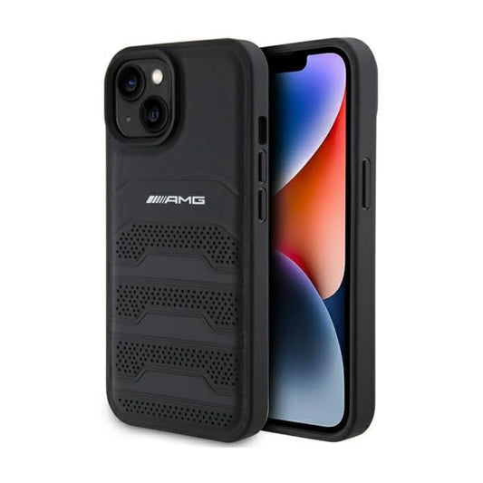 AMG iPhone 15 Plus Hülle, Schwarz – Leder Geprägte Linien