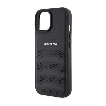 AMG iPhone 15 Plus Hülle, Schwarz – Leder Geprägte Linien