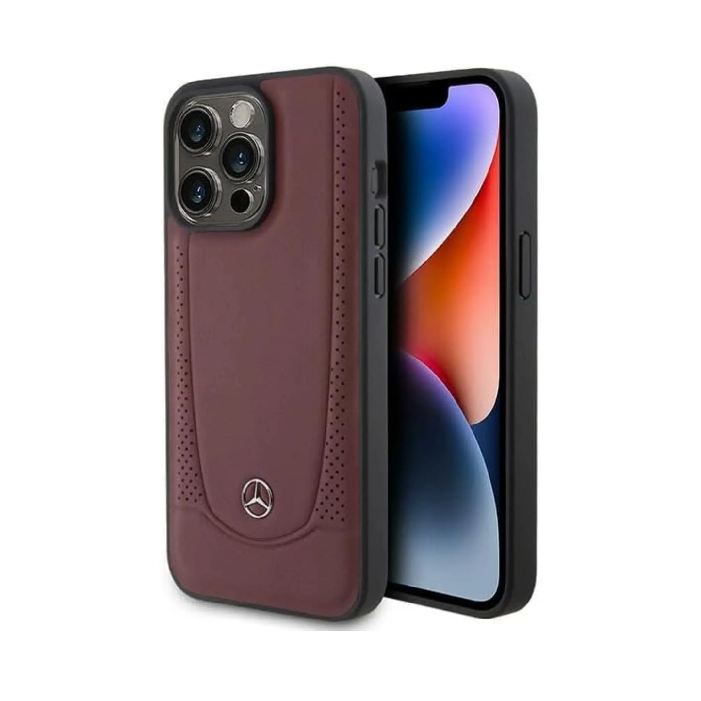 Mercedes iPhone 15 Pro Hülle, Weinrot – Echtleder Stern Logo