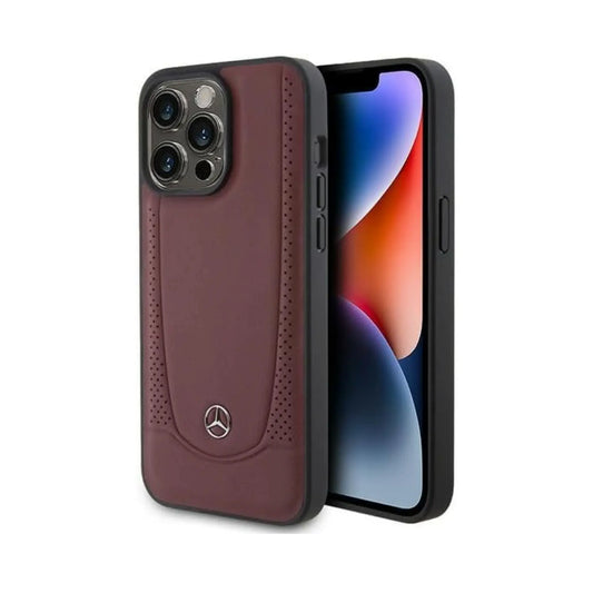 Mercedes iPhone 15 Pro Hülle, Weinrot – Echtleder Stern Logo
