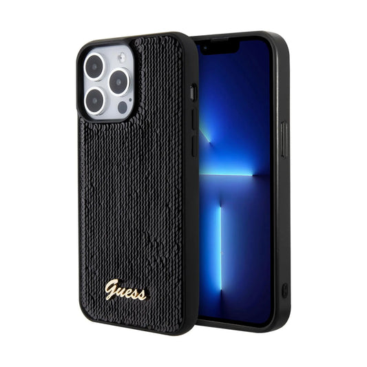 Guess Sequin Script Metal Case Schwarz – iPhone 15 Pro