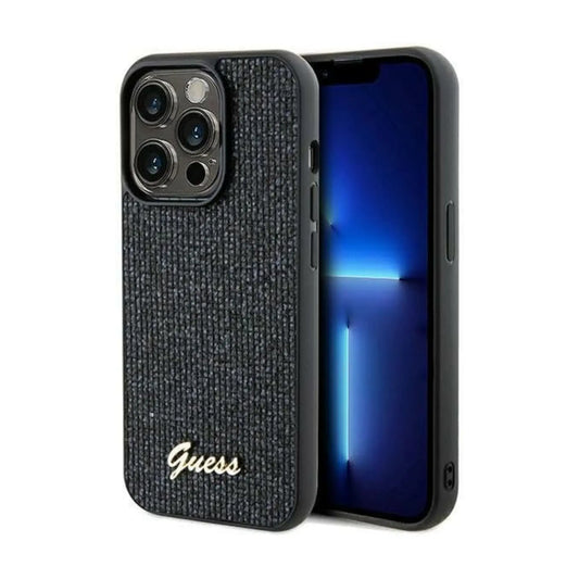 Guess iPhone 14 Pro Hülle, Schwarz – Disco Metal Script