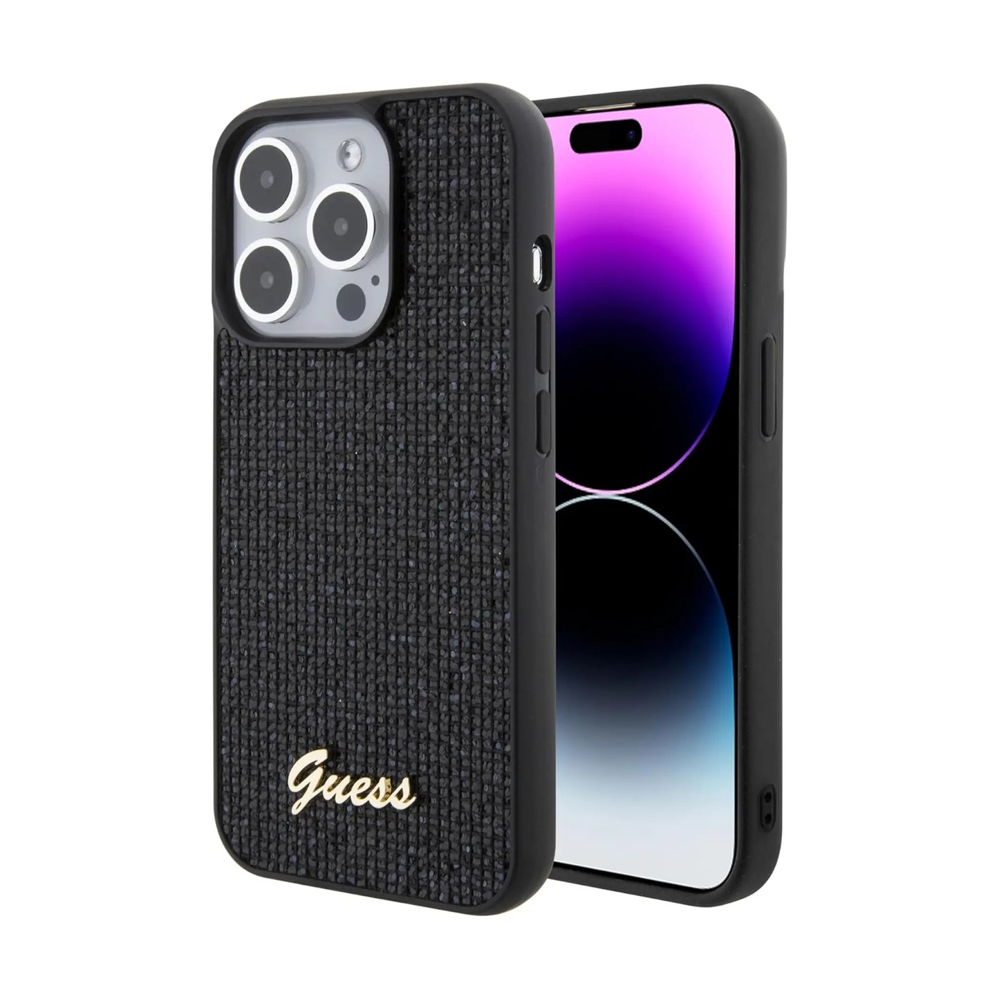 Guess Sequin Script Metal Hülle Schwarz – iPhone 15 Pro