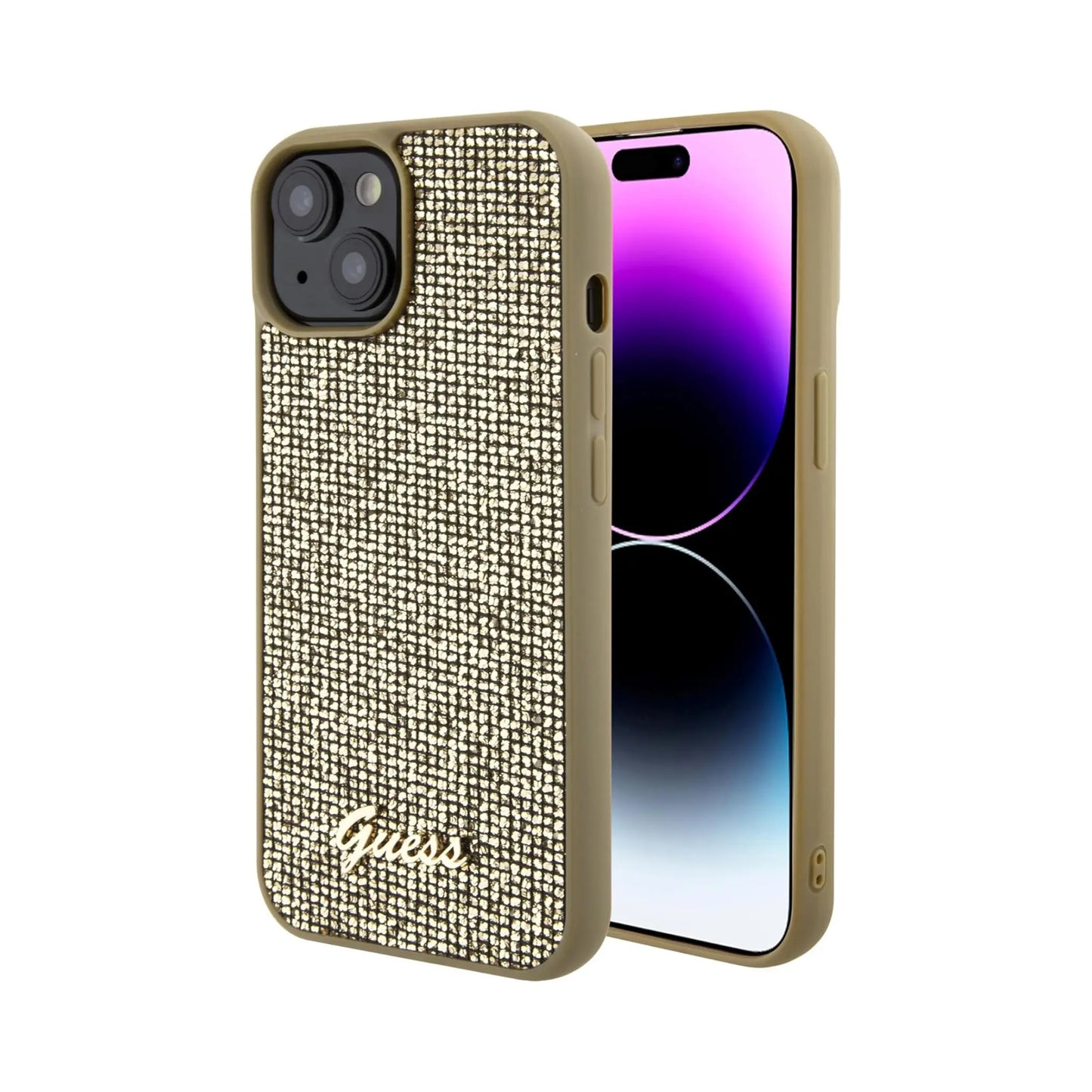 Guess Metal Script Hülle Disco Gold – iPhone 15