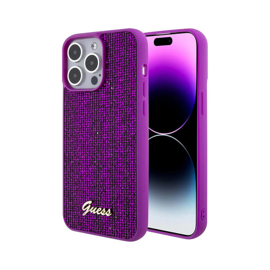 Guess iPhone 15 Pro Max Hülle, Fuchsia – Disco Metal Script