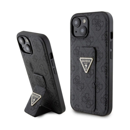 Guess iPhone 15 Hülle, Schwarz – Grip Stand 4G Triangle Strass Logo