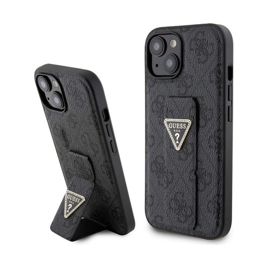 Guess iPhone 15 Hülle, Schwarz – Grip Stand 4G Triangle Strass Logo