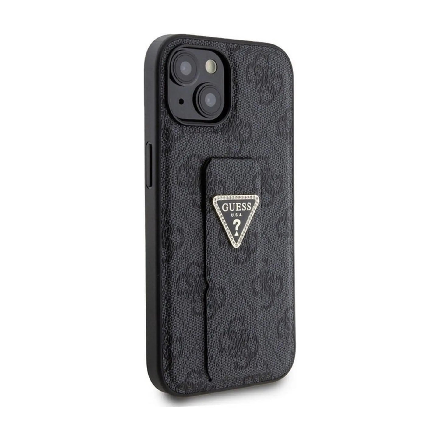 Guess iPhone 15 Hülle, Schwarz – Grip Stand 4G Triangle Strass Logo