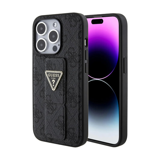Guess iPhone 15 Pro Hülle, Schwarz – Grip Stand 4G Triangle Strass Logo