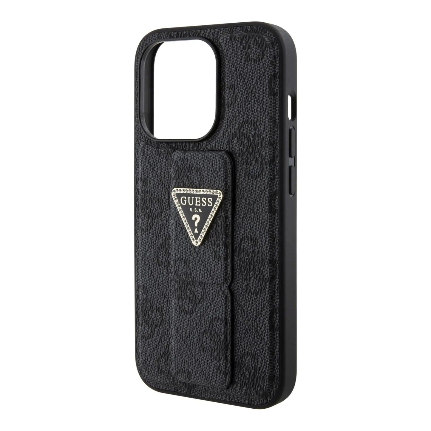 Guess iPhone 15 Pro Hülle, Schwarz – Grip Stand 4G Triangle Strass Logo