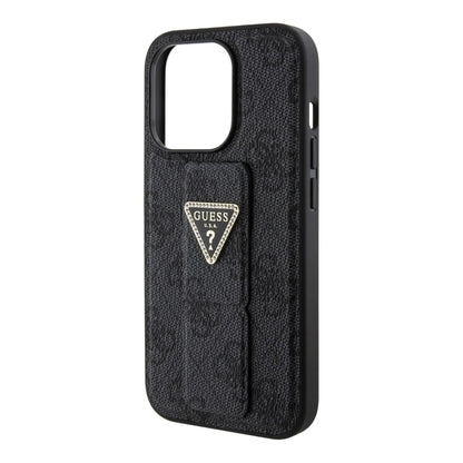 Guess iPhone 15 Pro Hülle, Schwarz – Grip Stand 4G Triangle Strass Logo