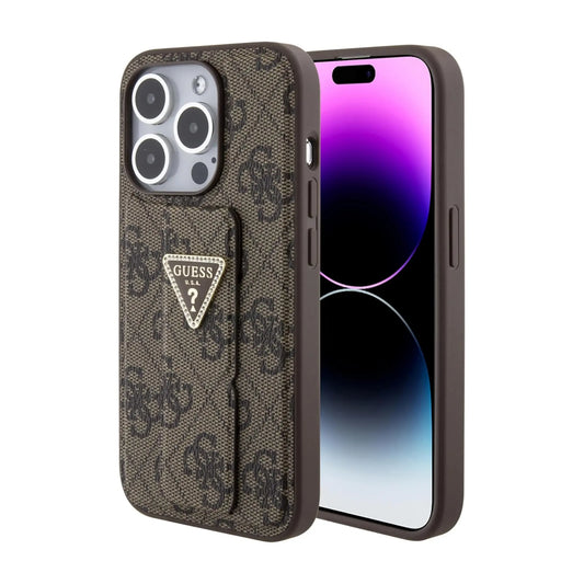 Guess Hülle Grip Stand 4G Triangle Strass Logo Braun - iPhone 15 Pro