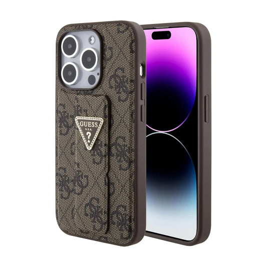Guess Hülle Grip Stand 4G Triangle Strass Logo Braun - iPhone 15 Pro Max