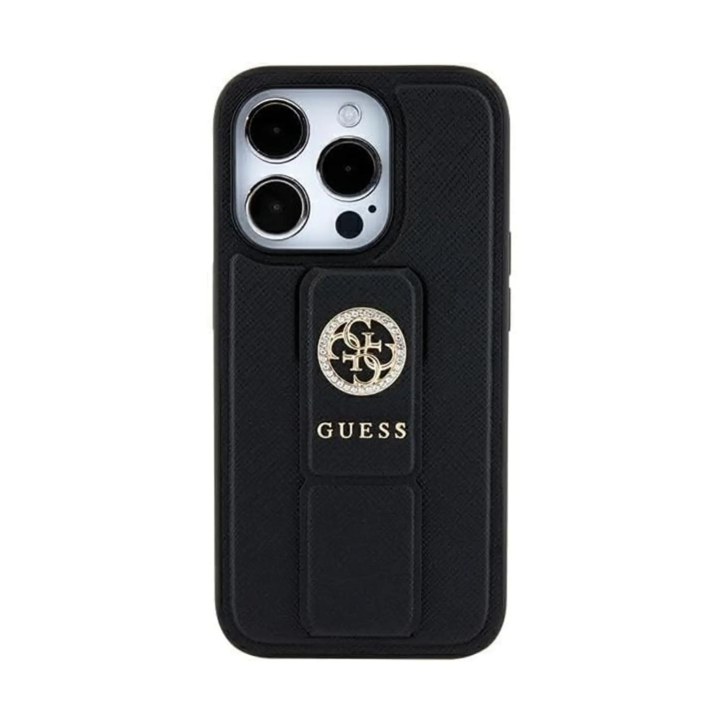 Guess Hülle Grip Stand 4G Saffiano Strass Logo Schwarz - iPhone 15