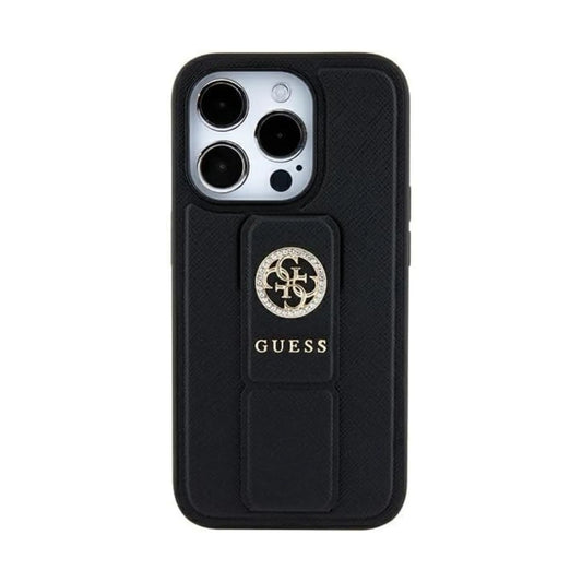 Guess Hülle Grip Stand 4G Saffiano Strass Logo Schwarz - iPhone 15