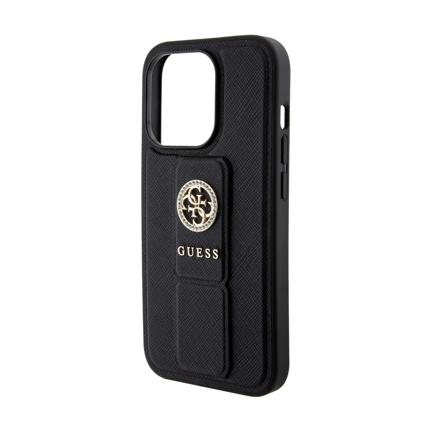 Guess Hülle Grip Stand 4G Saffiano Strass Logo Schwarz - iPhone 15 Pro Max