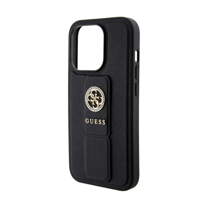 Guess Hülle Grip Stand 4G Saffiano Strass Logo Schwarz - iPhone 15 Pro Max