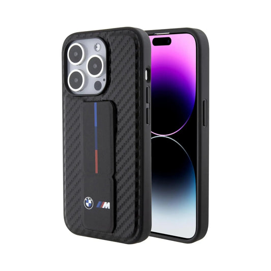 BMW iPhone 15 Pro Hülle, Schwarz – Grip Stand Smooth & Carbon