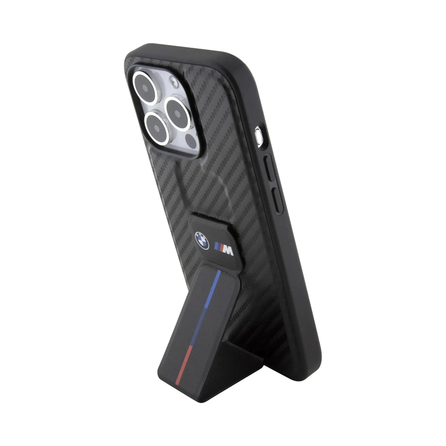 BMW iPhone 15 Pro Hülle, Schwarz – Grip Stand Smooth & Carbon