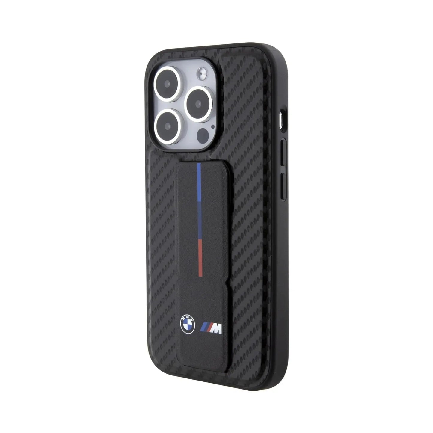 BMW iPhone 15 Pro Hülle, Schwarz – Grip Stand Smooth & Carbon