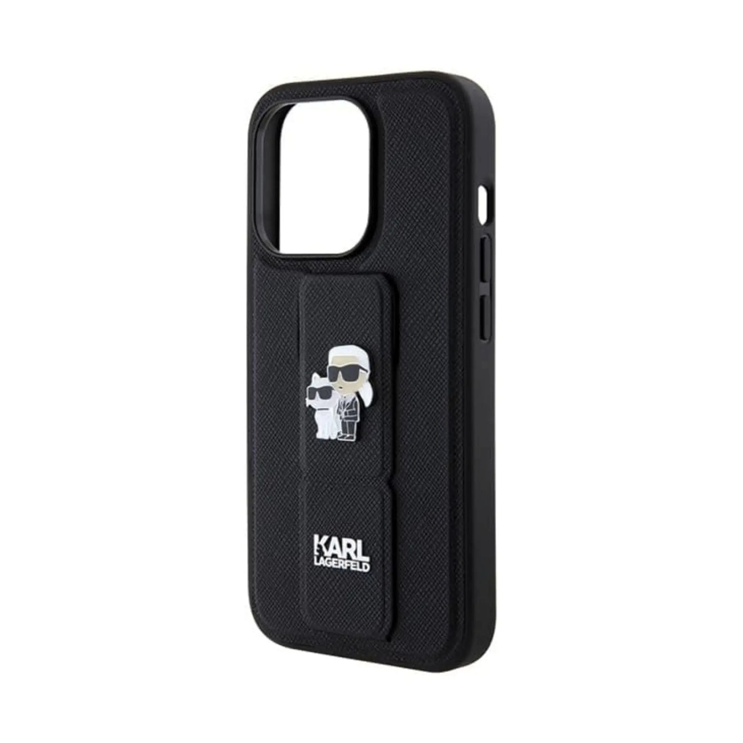 Karl Lagerfeld Gripstand Saffiano Karl & Choupette Pins Case, Schwarz - iPhone 14 Pro Max