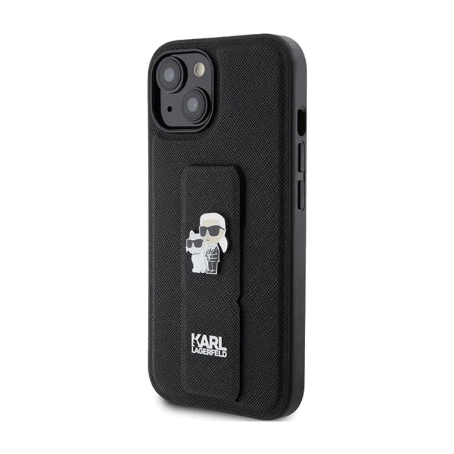 Karl Lagerfeld Gripstand Saffiano Karl & Choupette Pins Case, Schwarz - iPhone 15