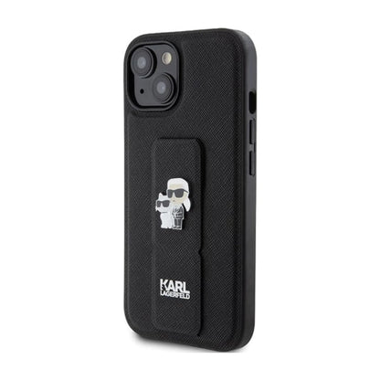 Karl Lagerfeld Gripstand Saffiano Karl & Choupette Pins Case, Schwarz - iPhone 15