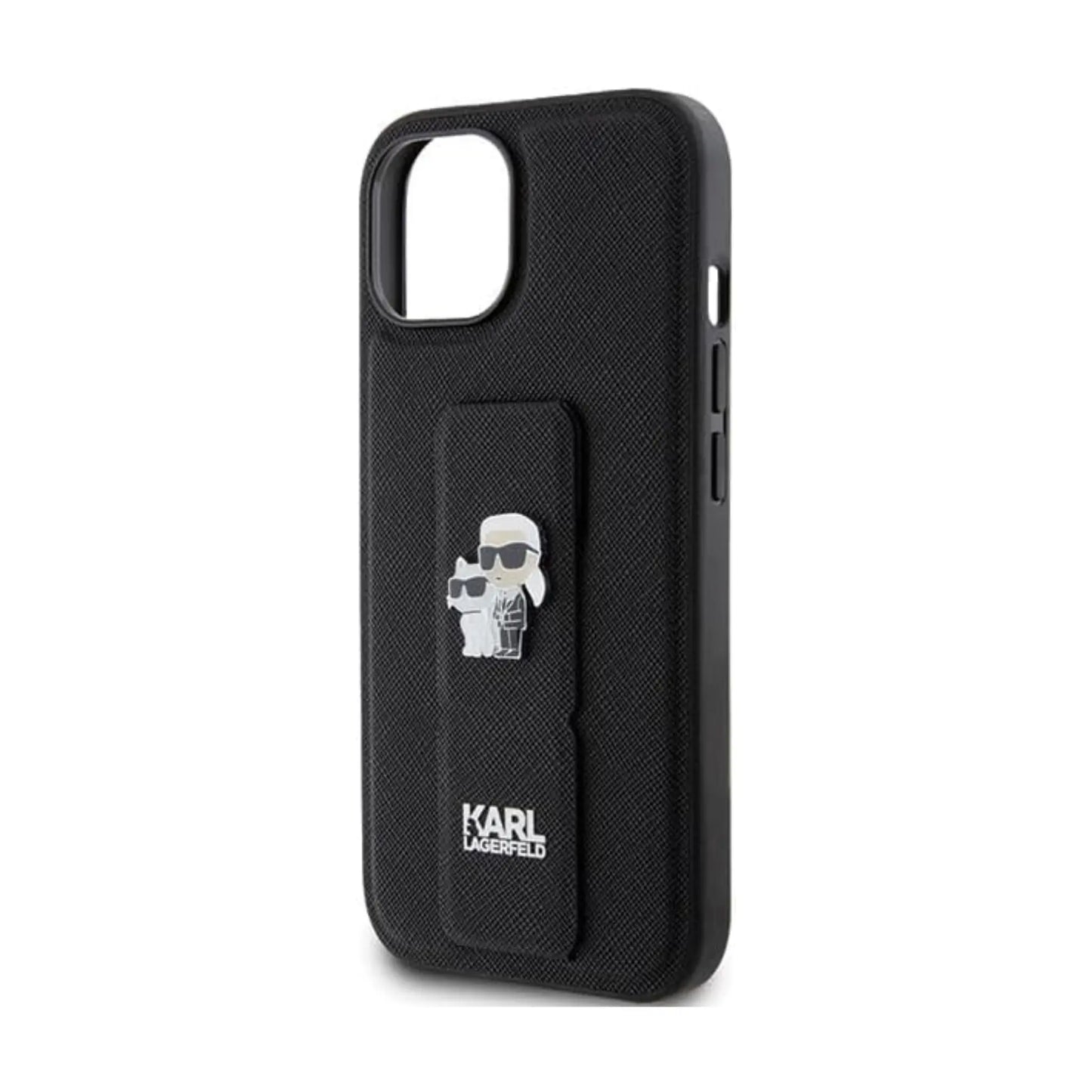 Karl Lagerfeld Gripstand Saffiano Karl & Choupette Pins Case, Schwarz - iPhone 15